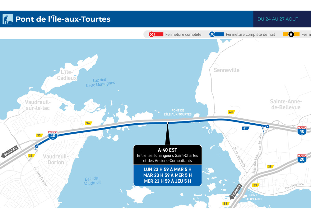 Fermetures de nuit de l&rsquo;autoroute 40 et du pont de l&rsquo;&Icirc;le-aux-Tourtes &agrave; partir de dimanche soir