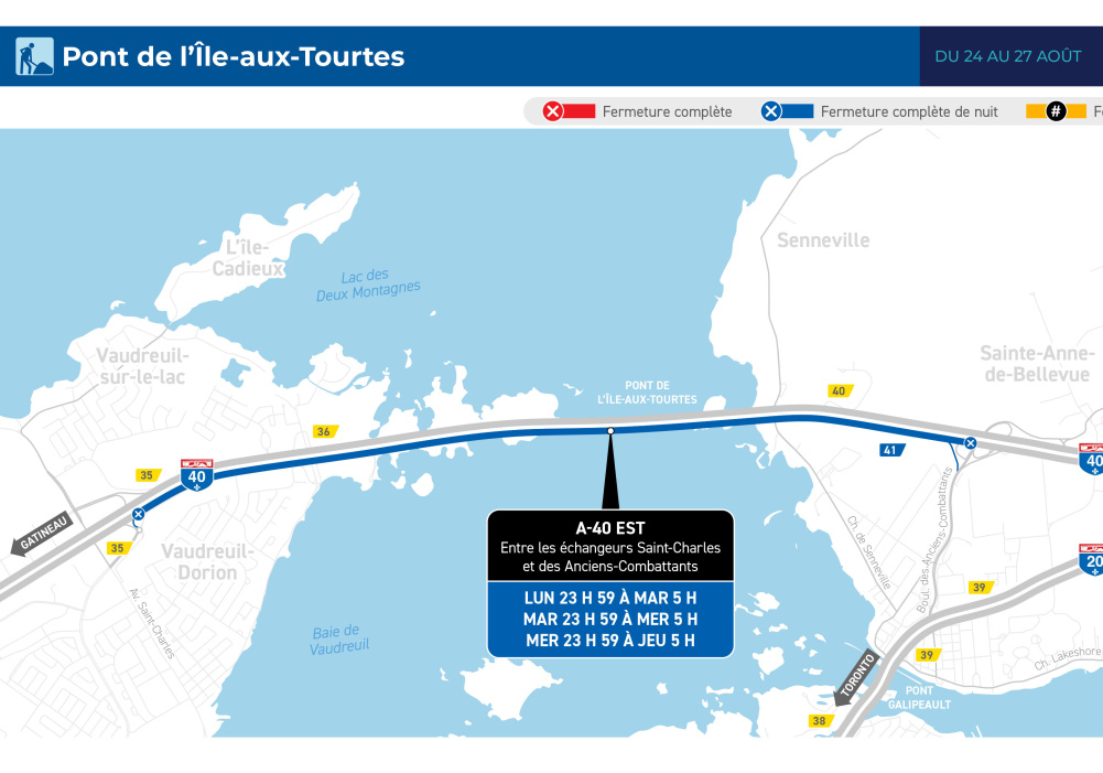 Overnight Closures of Highway 40 and the Pont de l&rsquo;&Icirc;le-aux-Tourtes Starting Sunday Evening