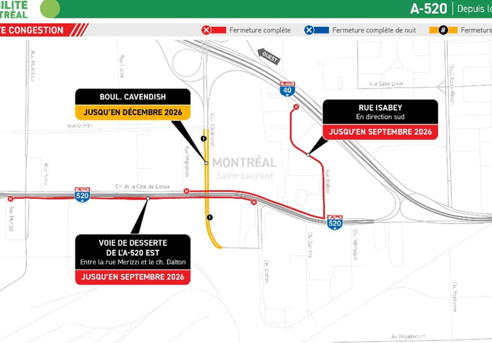 Fermetures de longue dur&eacute;e sur l&rsquo;A-520 dans le secteur du boulevard Cavendish