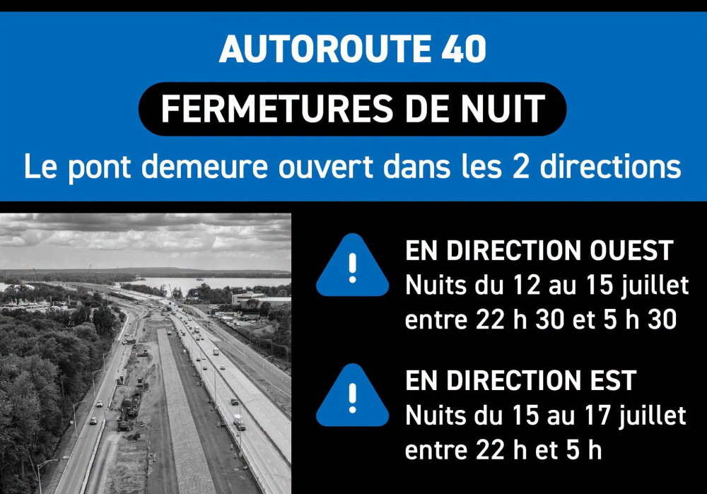 Closures on the A-40 in Senneville during the nights of July 12 through 17