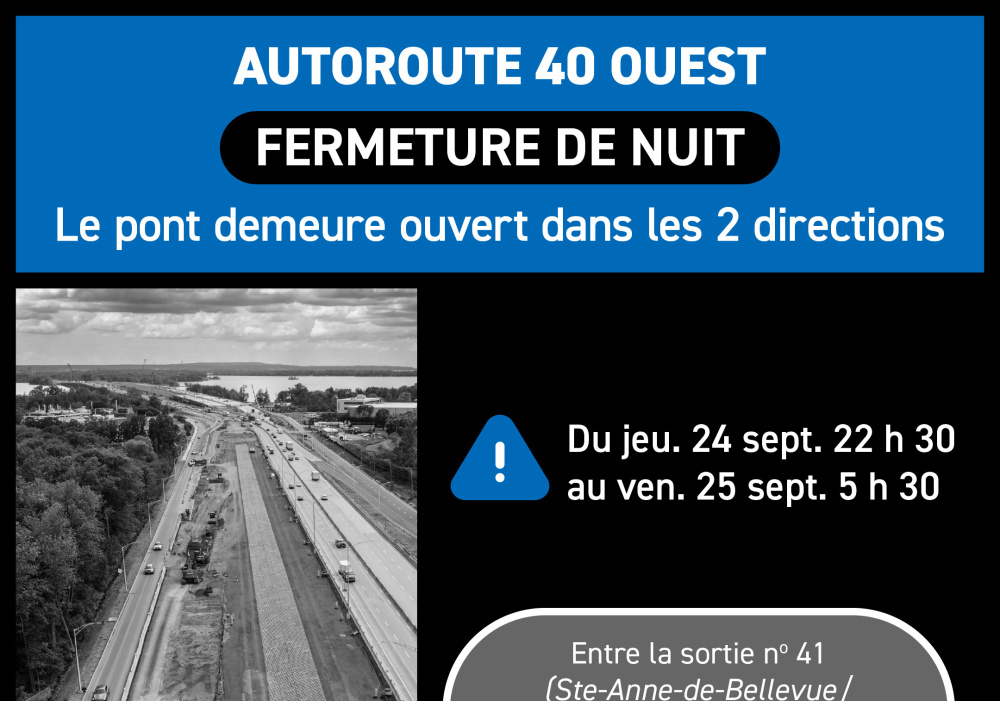 Fermeture de nuit de l&rsquo;A-40 en direction ouest, &agrave; Senneville, du 24 au 25 septembre