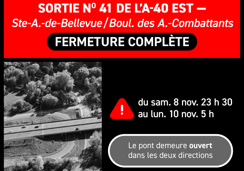 Closure of exit 41 from the A-40 eastbound from November 8 to 10 | Île-aux-Tourtes bridge area