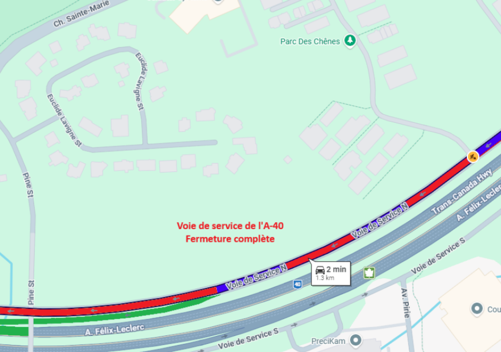 Fermeture sur la voie de service nord de l&rsquo;A-40 Ouest
