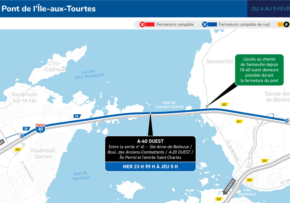 Fermeture du pont de l&rsquo;&Icirc;le-aux-Tourtes en direction de Vaudreuil-Dorion dans la nuit du 4 au 5 f&eacute;vrier