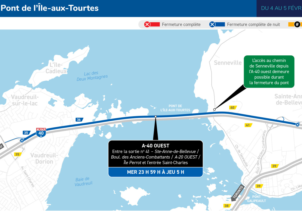 Closure of the &Icirc;le-aux-Tourtes Bridge toward Vaudreuil-Dorion on the night of February 4 to 5