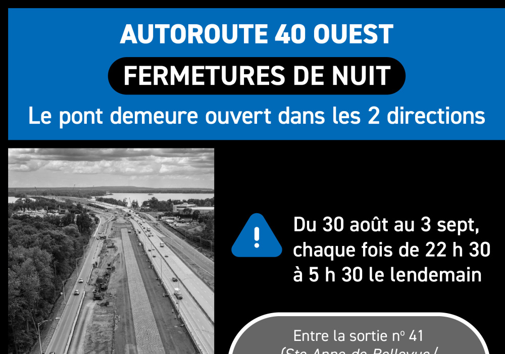 Nighttime closures on the A-40 West in Senneville, from August 30 to September 3